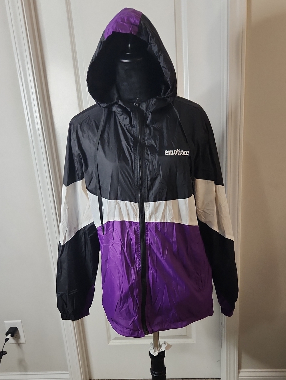 Colorblock Windbreaker Jacket - Black, White & Purple - Size L